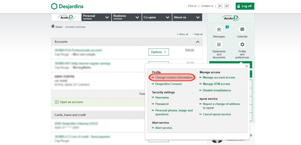 address change Desjardins step 1