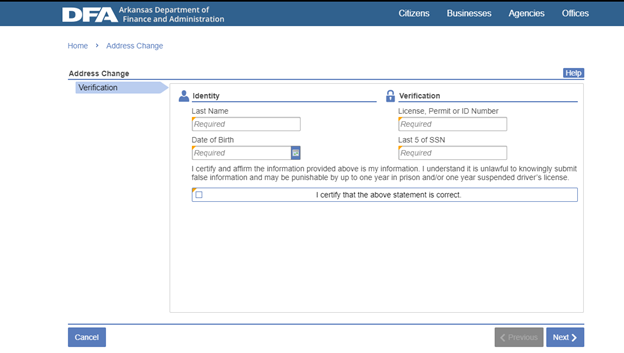 DFA Arkansas address change