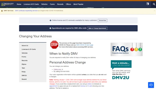 DMV Change of Address, Oregon, United States